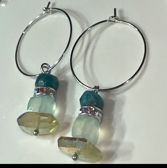 Artisan silver hoops with Semi-Precious Stone Dangles, chalcedony, lemon quartz - Picture 3 of 4